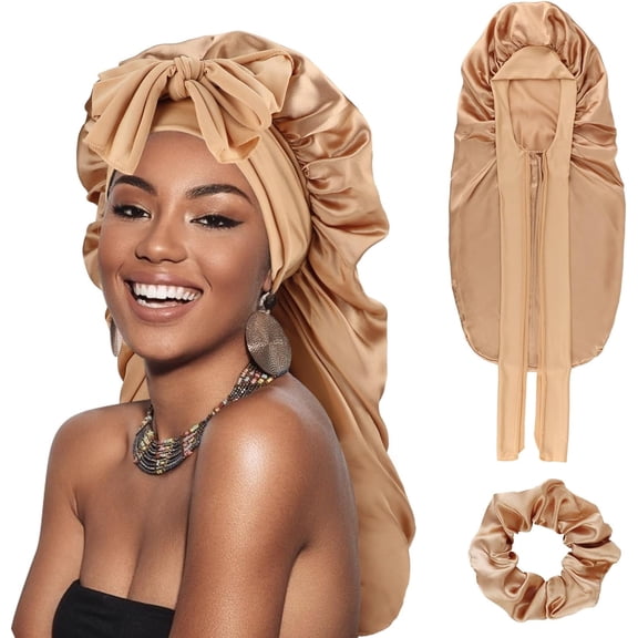 YSTDHL Long Satin Braid Bonnet for Women Silk Bonnet for Sleeping Sleep Cap with Elastic Tie Band Night Cap for Long Curly Hair Locs