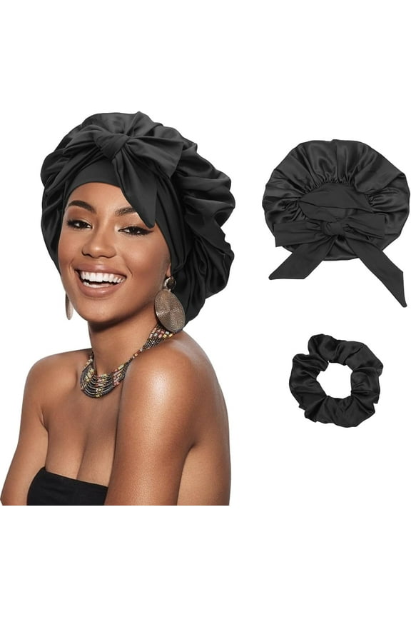 Satin Braid Bonnet for Women Silk Bonnet for Sleeping Sleep Cap with Elastic Tie Band Night Cap for Long Curly Hair Locs