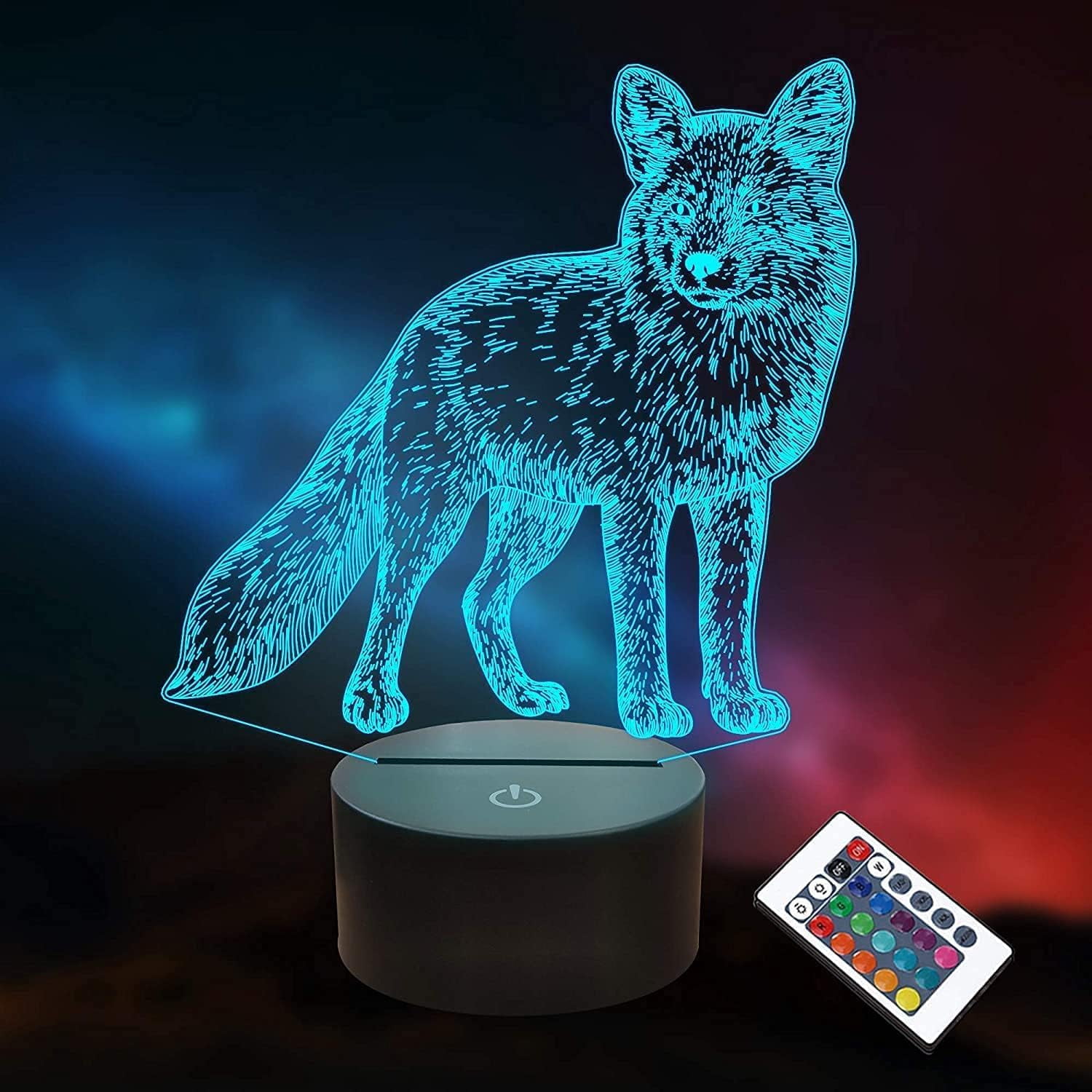 YSTIAN 3D Fox Night Light 16 Color Change LED Remote Control Table Desk Lamp Acrylic Flat ABS Base USB Charger Home Decoration Toy Birthday Xmas Kid Children Gift