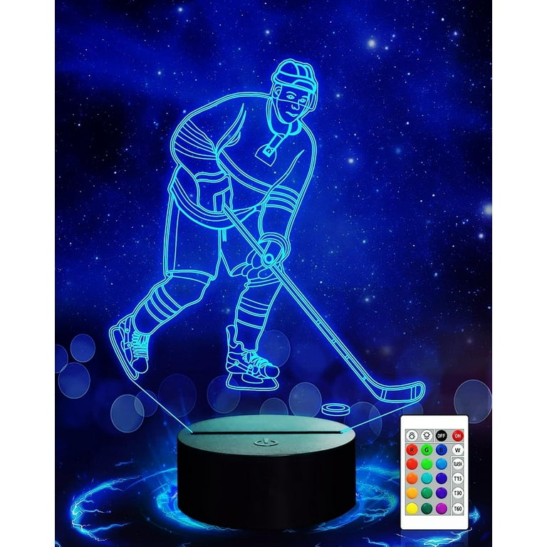 YSTIAN 3D Ice Hockey Player Night Light Lamp Illusion 16 Color Changing Table Desk Decoration Lamps Gift Acrylic Flat ABS Base USB Cable Toy