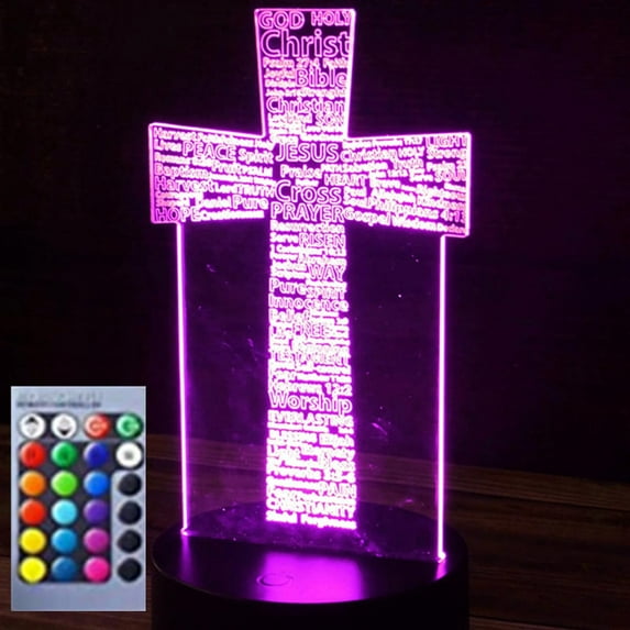 YSTIAN 3D Jesus Cross Night Light Lamp Illusion 16 Color Changing Table Desk Decoration Lamps Gift Acrylic Flat ABS Base USB Cable Toy