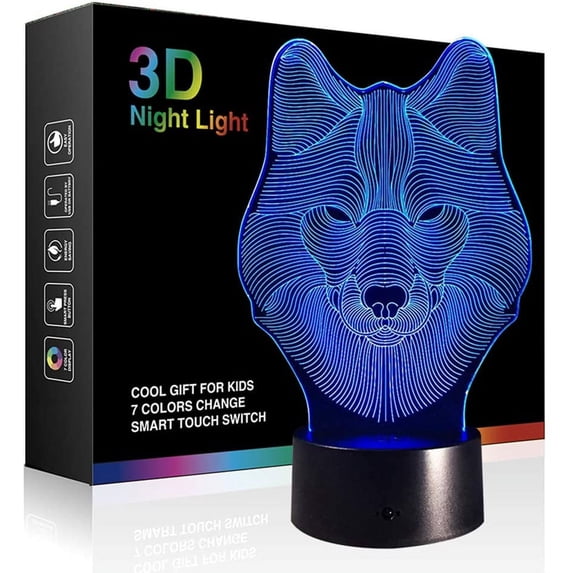 YSTIAN Animals Wolf 3D Night Light Touch Control Desk Lamps, 7 Color Changing Table Lights with Acrylic Flat, ABS Base & USB Charger