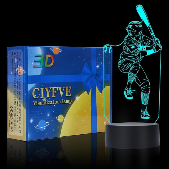YSTIAN Baseball Player 3D Night Light Touch Control - 7 Colors Auto Gradient Night Light, Acrylic and ABS Base Optical Illusion Nightlight, Decorating Room, Children's Holiday Gifts