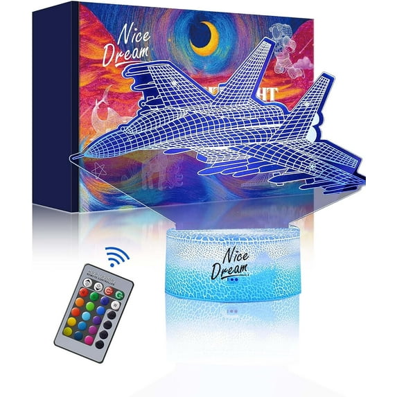 YSTIAN Fighter Jet Night Light for Kids, 3D Illusion Lamp, 16 Colors Changing with Remote Control, Room Decor, Gifts for Children Boys Girls