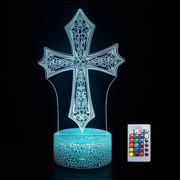 YSTIAN Night Light Jesus Cross Visual 3D Lamp 2D Optical Lamp W/USB Cable with 16 Colors Remote Control Birthday Christmas Gift for Boys Kids Adult Acrylic Table Furniture Decorative