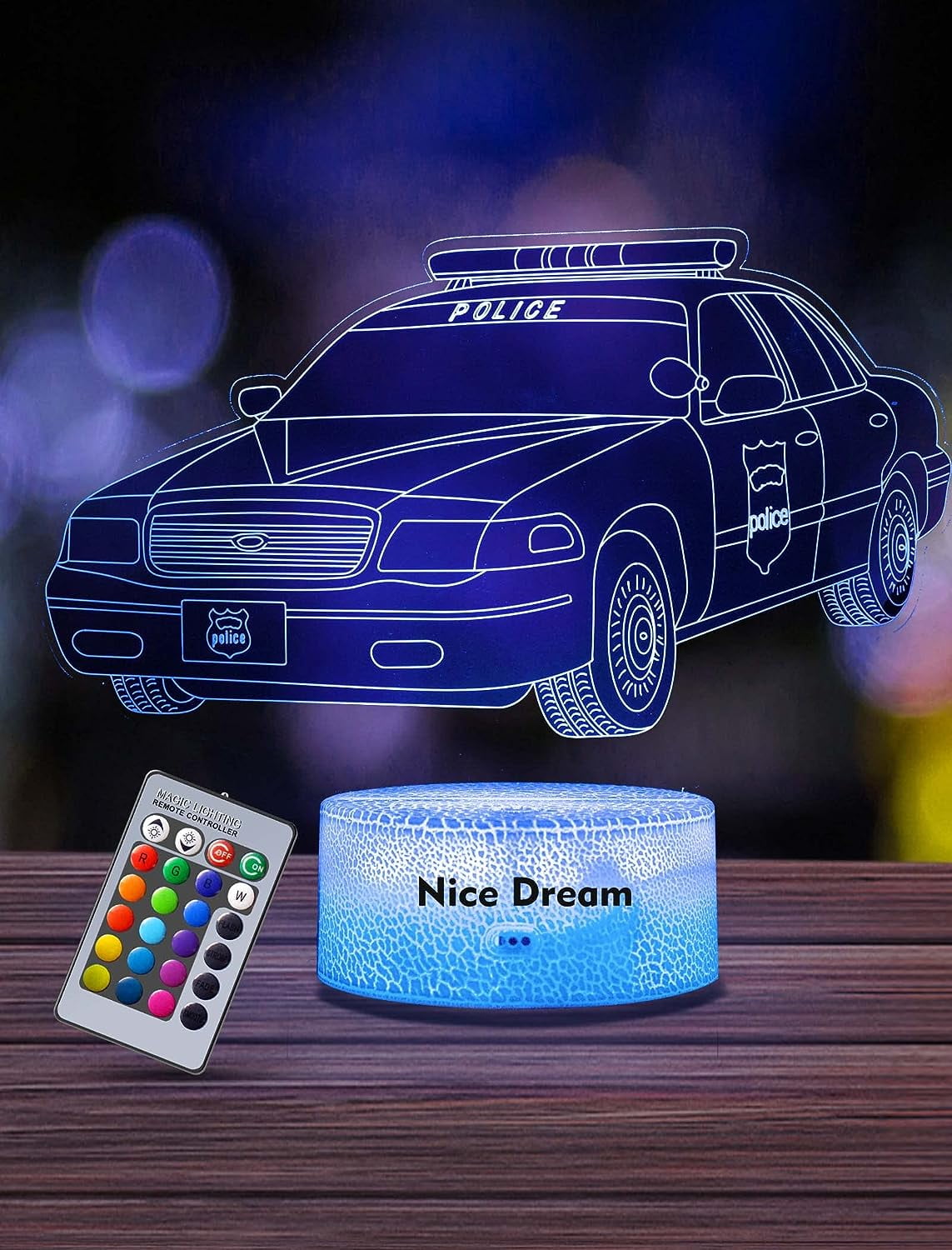 YSTIAN Police Car Night Light for Kids, 3D Illusion Lamp, 16 Colors Changing with Remote Control