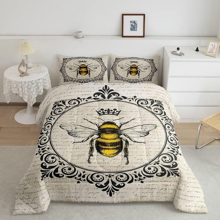 YSTSweet Honey Bee Comforter Set Full Cute Kawaii Animal Bedding Comforters Sets Retro Vintage Style Duvet Set 70S 80S Grunge Quilt Comforter Old