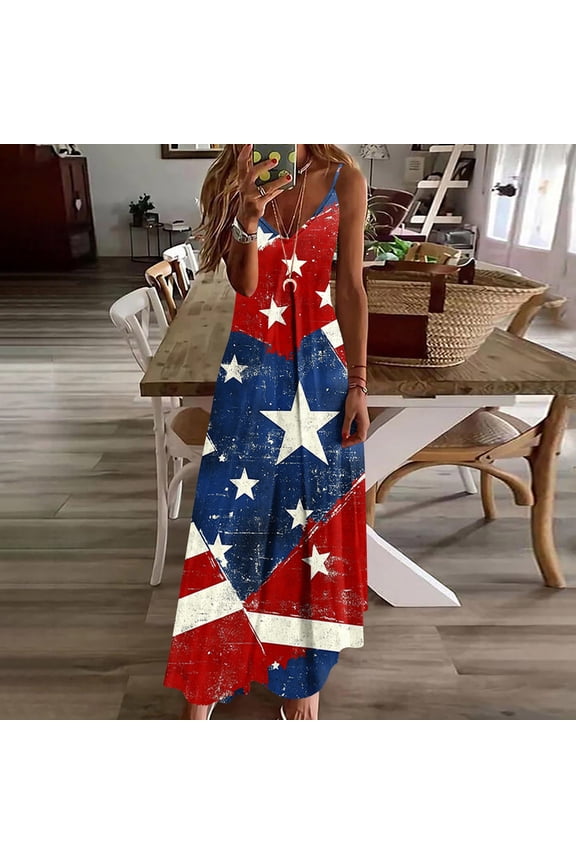 4th of July Patriotic Long Dress for Women Deep V-Neck Spaghetti Straps American Flag Print Sundress Summer Casual Maxi Dress