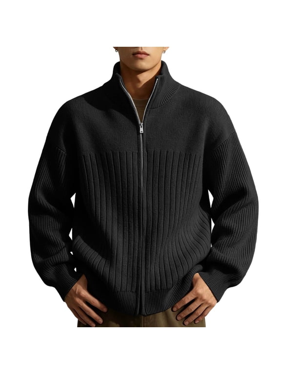 Cardigan Sweaters for Men Fall Winter Turtleneck Thermal Full Zip Knitted Jackets Long Sleeve Heavyweight Textured Sweater