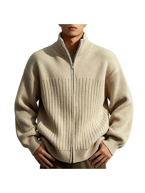 Cardigan Sweaters for Men Fall Winter Turtleneck Thermal Full Zip Knitted Jackets Long Sleeve Heavyweight Textured Sweater