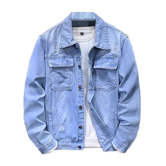 YSUEJPF Denim Jacket for Men Stretchy Slim Fit Ripped Jean Jacket Long Sleeve Button Down Trucker Coat with Multi