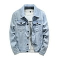 thumbnail image 1 of YSUEJPF Denim Jacket for Men Stretchy Slim Fit Ripped Jean Jacket Long Sleeve Button Down Trucker Coat with Multi, 1 of 8