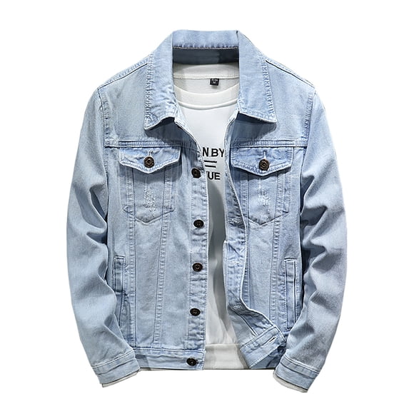 YSUEJPF Denim Jacket for Men Stretchy Slim Fit Ripped Jean Jacket Long Sleeve Button Down Trucker Coat with Multi