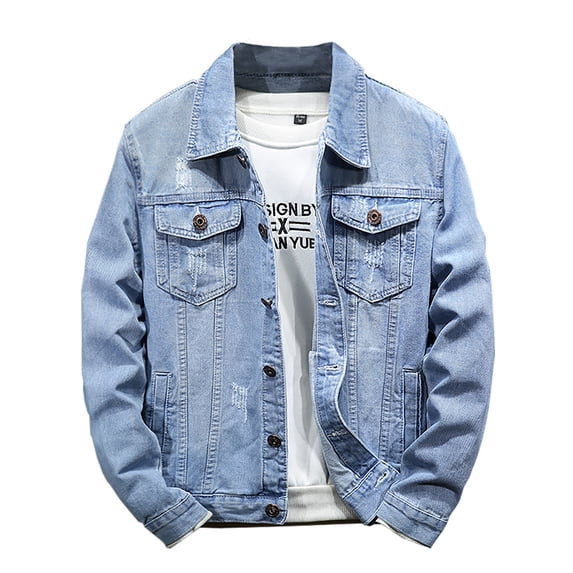 YSUEJPF Denim Jacket for Men Stretchy Slim Fit Ripped Jean Jacket Long Sleeve Button Down Trucker Coat with Multi