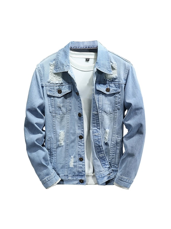 Denim Jacket for Men Stretchy Slim Fit Ripped Jean Jacket Long Sleeve Button Down Trucker Coat with Multi