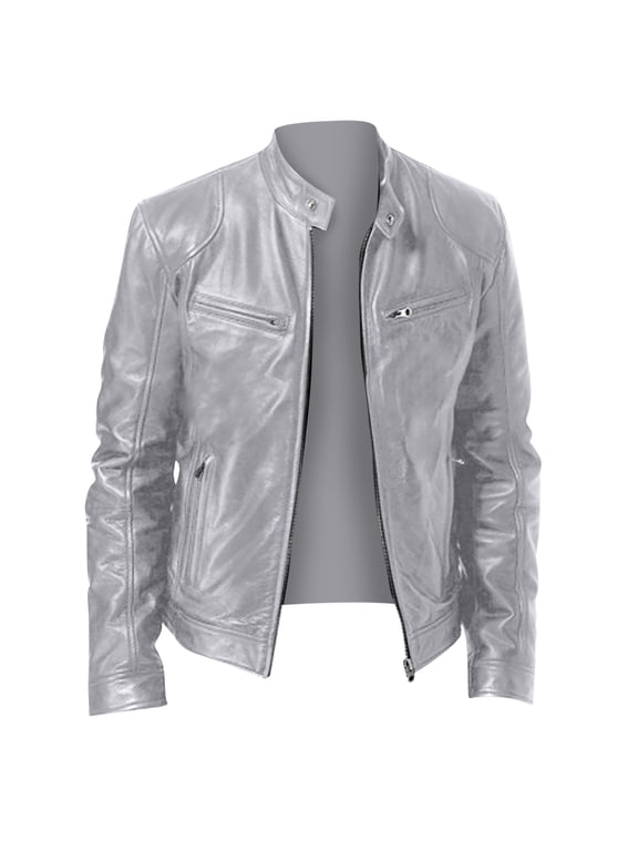 Faux Leather Jacket for Men Retro Long Sleeve Biker Motorcycle Jackets Crew Neck Zipper Classic Casual Streetwear with Pockets