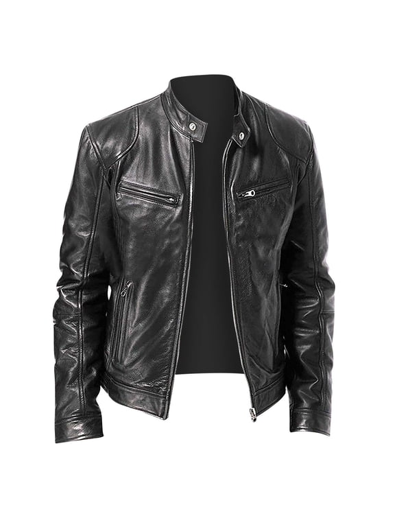 Faux Leather Jacket for Men Retro Long Sleeve Biker Motorcycle Jackets Crew Neck Zipper Classic Casual Streetwear with Pockets