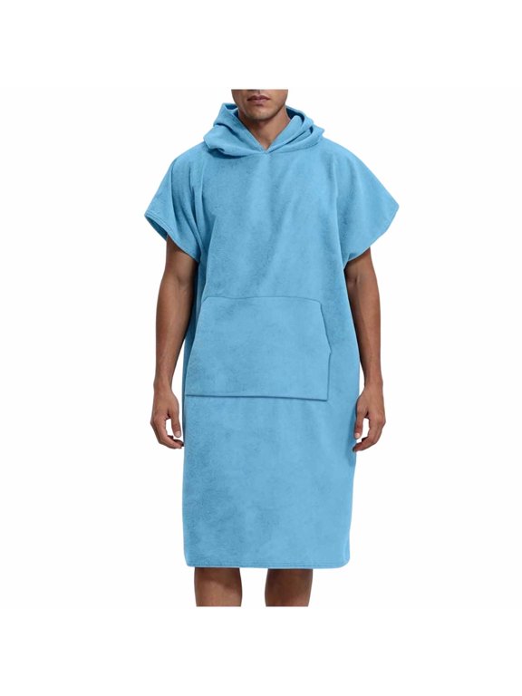 Fleece Hooded Surf Poncho Robe for Men Casual Short Sleeve Changing Towel Robes with Pocket for Beach Vacation Bathroom