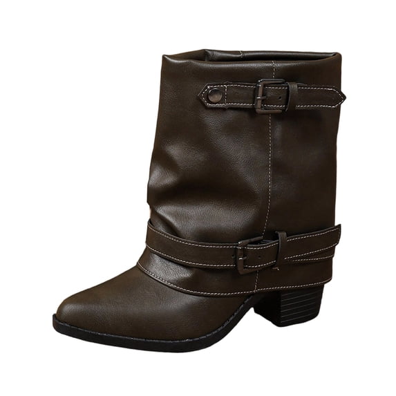 YSUEJPF Fold Over Boots for Women Pointed Toe Block Heel Wide Calf Buckle Shark Boots Casual Trendy Slouchy Shoes