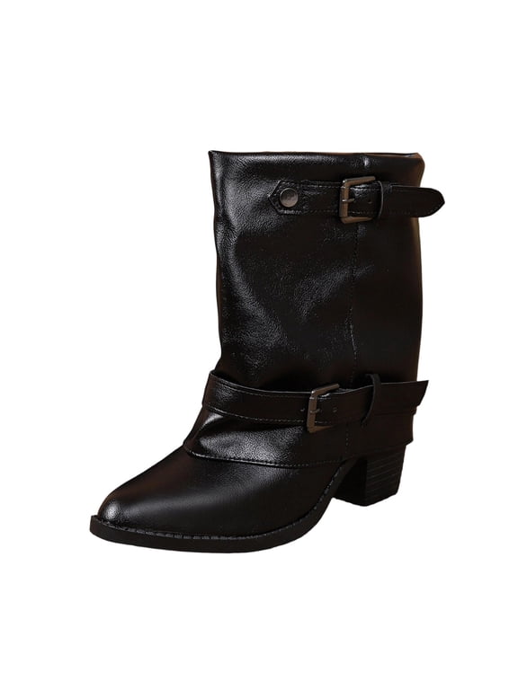 Fold Over Boots for Women Pointed Toe Block Heel Wide Calf Buckle Shark Boots Casual Trendy Slouchy Shoes