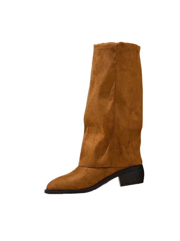Fold Over Mid Calf Boots for Women Pointed Toe Heeled Slouchy Shark Boot Fall Winter Mid Calf Shoes
