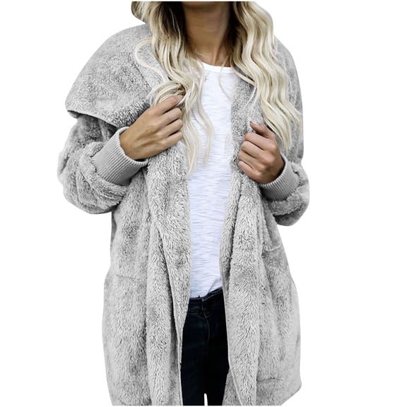 YSUEJPF Fuzzy Hooded Sweaters for Women Plus Size Plush Long Sleeve Cardigan Casual Knit Kimonos with Pockets