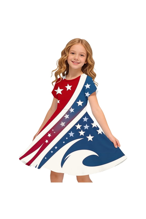 Independence Day Mini Dress for Girl Round Neck July 4th Celebration Short Dress Summer Short Sleeve Flag Graphic Dresses