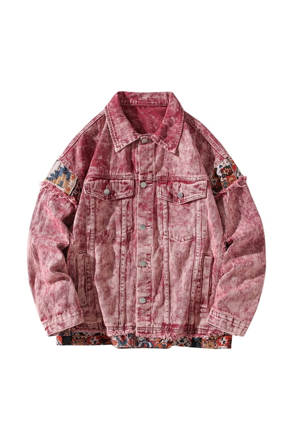 Jean Jacket for Men Boho Patchwork Long Sleeve Button Down Denim Jacket Embroidered Graphic Print Coat with Frayed & Pockets