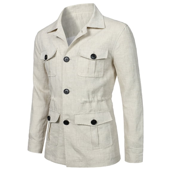 YSUEJPF Linen Jackets for Men Breathable Button Down Long Sleeve Coats Casual Collared Basic Solid Trucker Jackets with Multi Pockets
