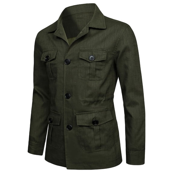 YSUEJPF Linen Jackets for Men Breathable Button Down Long Sleeve Coats Casual Collared Basic Solid Trucker Jackets with Multi Pockets