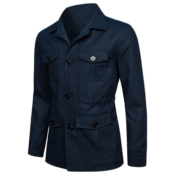 YSUEJPF Linen Jackets for Men Breathable Button Down Long Sleeve Coats Casual Collared Basic Solid Trucker Jackets with Multi Pockets