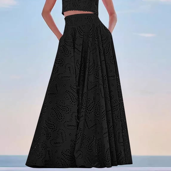 YSUEJPF Maxi Skirts for Women Hollow Out Summer Boho Skirt Lace Eyelet Embroidery High Waist Long Skirt with Pockets