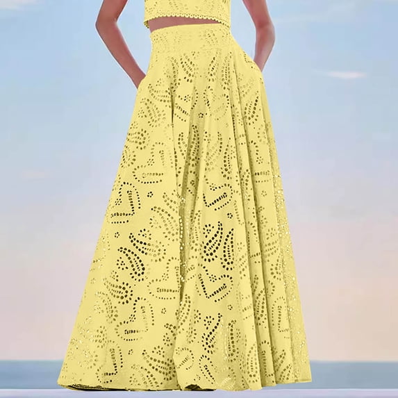 YSUEJPF Maxi Skirts for Women Hollow Out Summer Boho Skirt Lace Eyelet Embroidery High Waist Long Skirt with Pockets