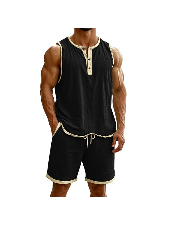 Men's 2 Piece Linen Sets Sleeveless Button Gym Muscle Shirts & Shorts Casual Summer Lounge Set Stretch Athletic Set with Pockets