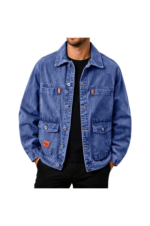 Men's Jean Jacket Retro Long Sleeve Button Down Denim Jacket Baggy Basic Solid Distressed Casual Coat