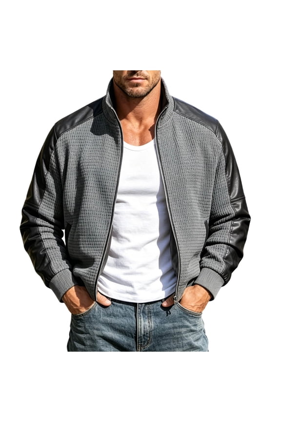 Mens Bomber Jacket Retro Patchwork Waffle Coat Casual Ripstop Varsity Jacket Outwear with Pockets