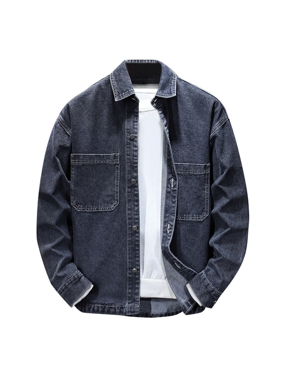 Mens Denim Jacket Retro Button Down Long Sleeve Jean Jacket Ripstop Trucker Coat with Multi Pockets