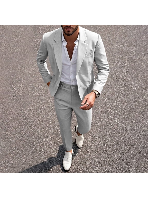 Mens Dressy Casual 2 Piece Suit Set Regular Fit Blazer Jacket and Pants for Wedding Business Party