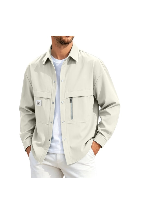 Mens Jackets Casual Long Sleeve Button Down Hiking Jacket with Zipper Pockets Outdoor Trucker Coats for Travel Safari Fishing