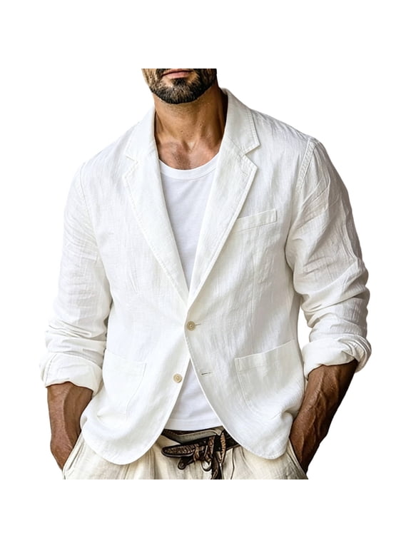 Men's Linen Sport Coats Lightweight Breathable Single Breasted Suit Jacket Classic Plain Baggy Blazer