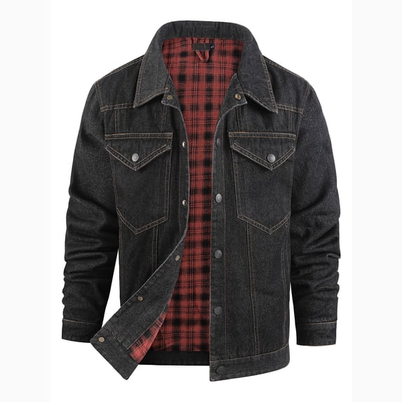 YSUEJPF Mens Plaid Denim Jackets Heavyweight Button Down Long Sleeve Coats Fleece Jeans Casual Comfy Soft Trucker Jackets with Pockets