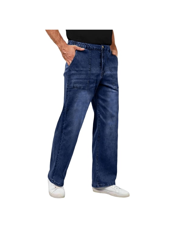 Mens Pull On Jeans Elastic Waist Denim Pants Straight Wide Leg Casual Jean Pants