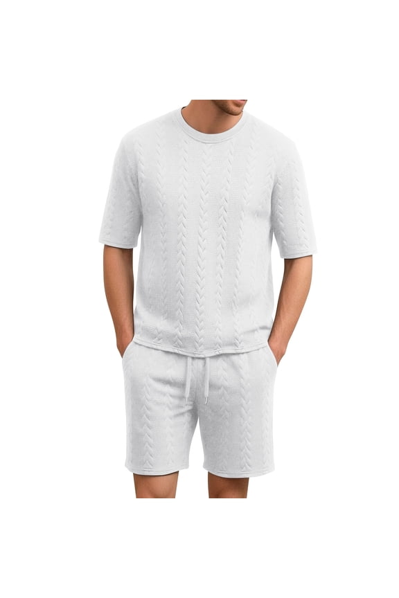Mens Ribbed Pajama Sets Two Piece Summer Sets Loose Fit Soft Short Sleeve Tops & Baggy Shorts Casual Lightweight Lounge Sets
