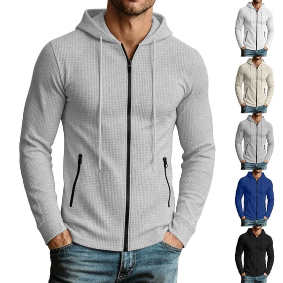 YSUEJPF Mens Waffle Hooded Sweatshirts Slim Fit Full Zip Long Sleeve Athletic Workout Cardigan Jackets Textured Activewear with Pockets