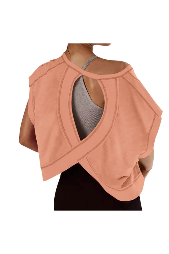 Open Back Workout Tops for Women Short Sleeve V Neck Crop Tops Criss Cross Cut Out Backless Tees