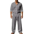 thumbnail image 1 of YSUEJPF Pajama Sets for Men 2 Piece Faux Linen Button Down Long Sleeve Shirts & Pants Loose Fit Lightweight Lounge Sets, 1 of 8