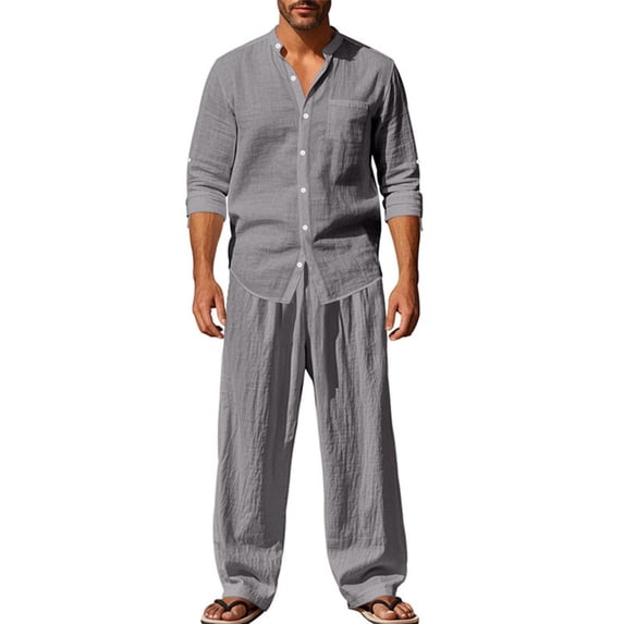 YSUEJPF Pajama Sets for Men 2 Piece Faux Linen Button Down Long Sleeve Shirts & Pants Loose Fit Lightweight Lounge Sets