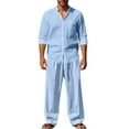 thumbnail image 1 of YSUEJPF Pajama Sets for Men 2 Piece Faux Linen Button Down Long Sleeve Shirts & Pants Loose Fit Lightweight Lounge Sets, 1 of 8