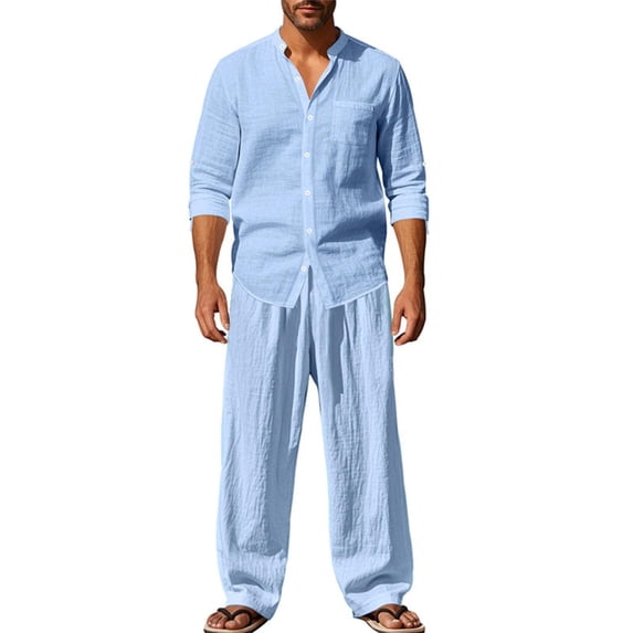 YSUEJPF Pajama Sets for Men 2 Piece Faux Linen Button Down Long Sleeve Shirts & Pants Loose Fit Lightweight Lounge Sets