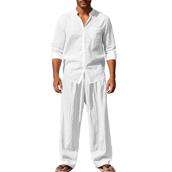 YSUEJPF Pajama Sets for Men 2 Piece Faux Linen Button Down Long Sleeve Shirts & Pants Loose Fit Lightweight Lounge Sets